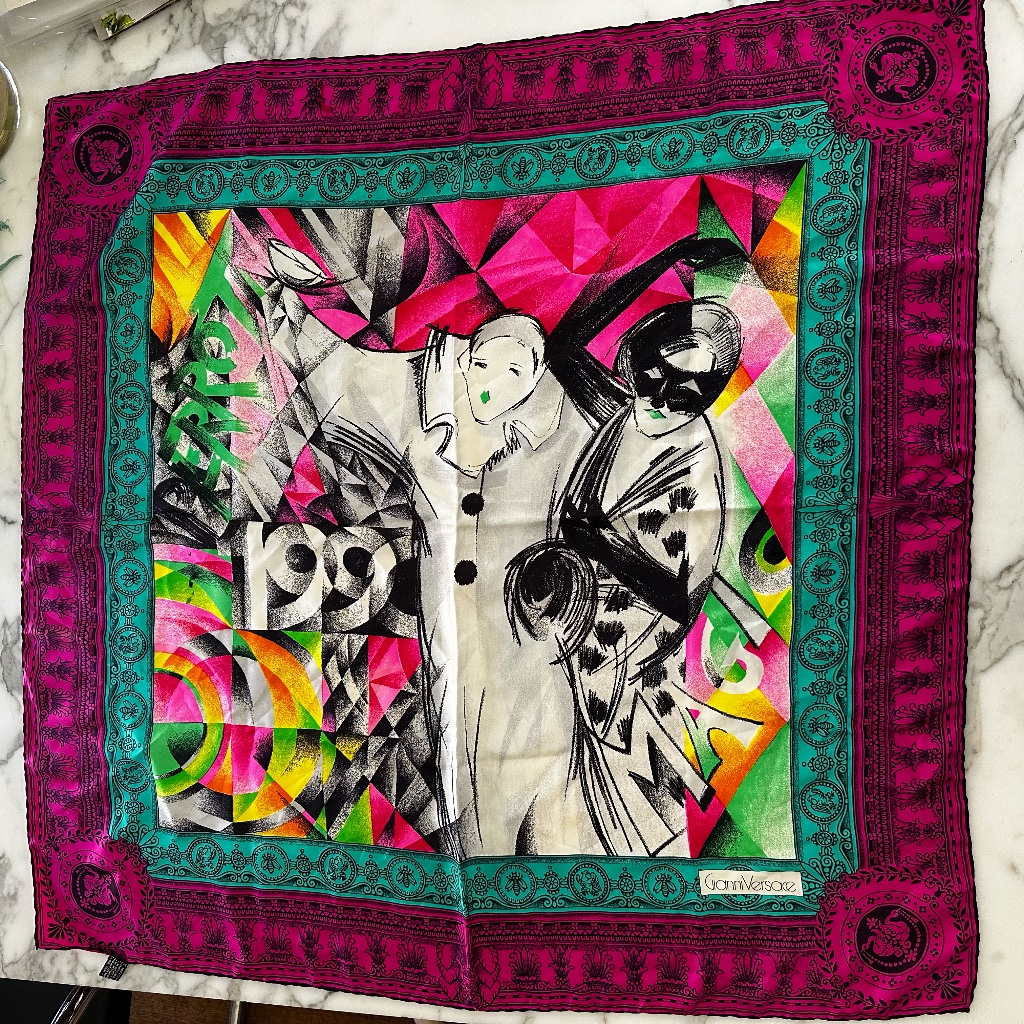 Vintage, Unused Gianni Versace Silk Scarf Pierrot Print From Painting Series